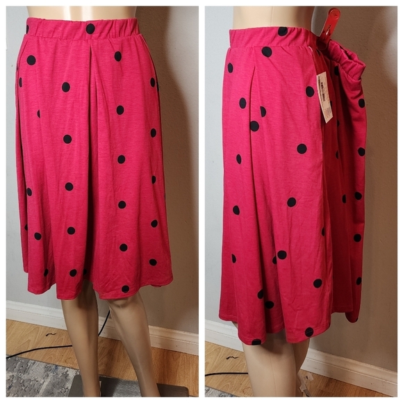 NWT Lularoe Madison Pleated Soft Stretch Skirt. Pockets. XL. Pink black polka do - Picture 1 of 12